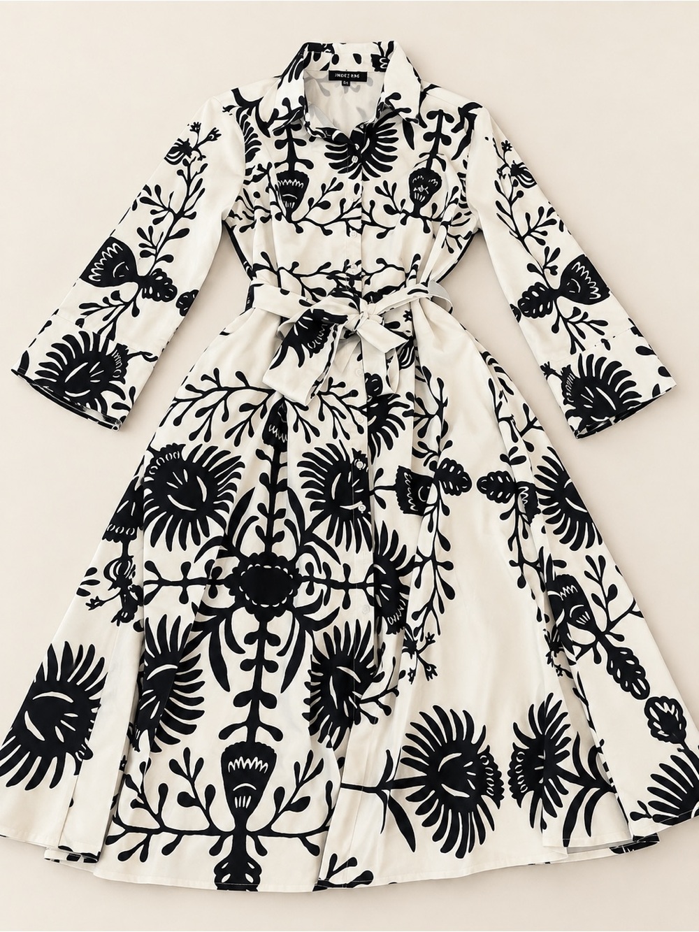 Black & White Floral Midi Shirt Dress with Tie Waist